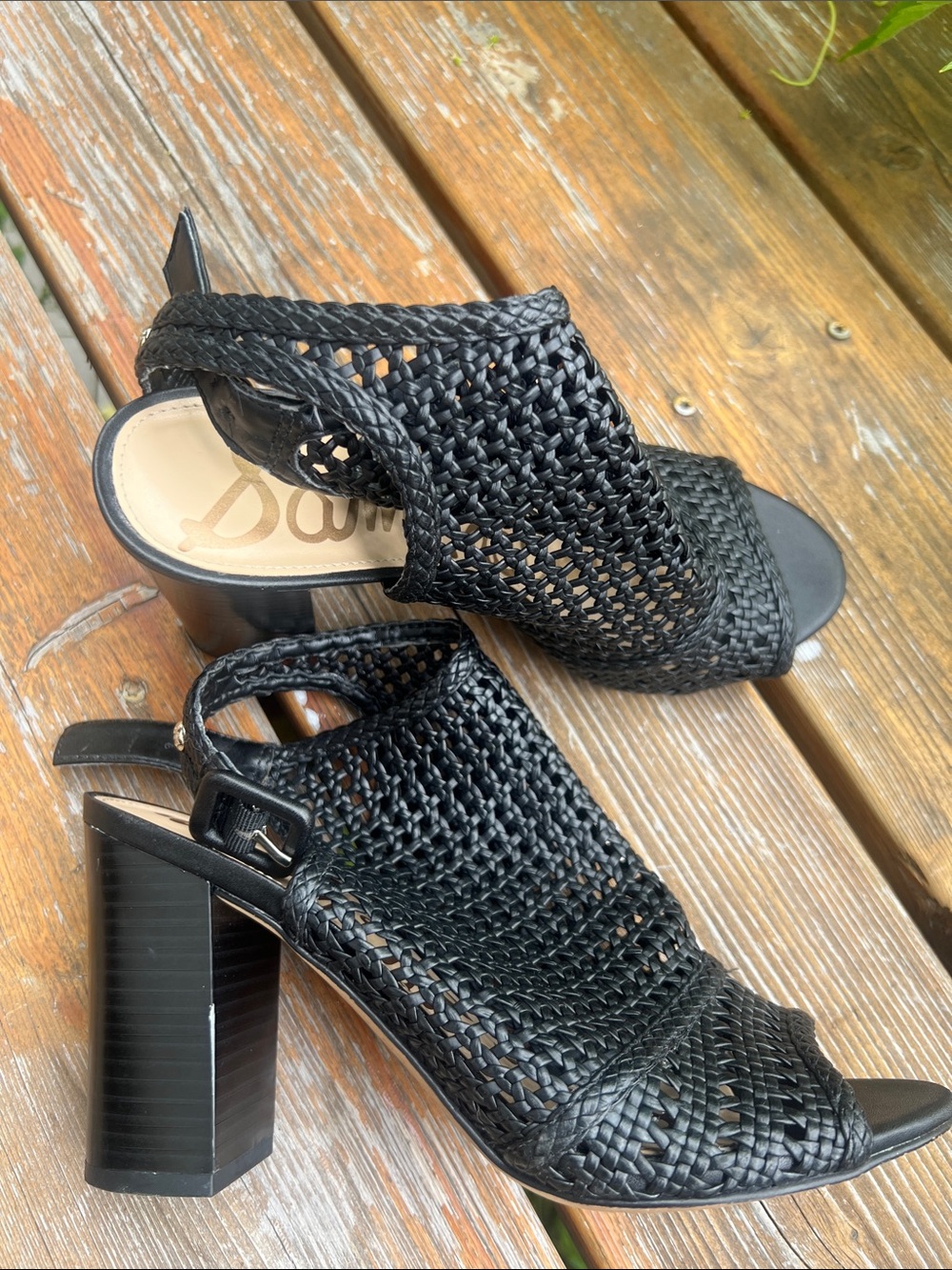 Sam Edelman Black Woven Open-Toe Slingback Block Heels